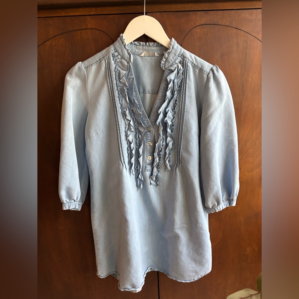Light Blue Ruffle V-Neck Women's Tunic
